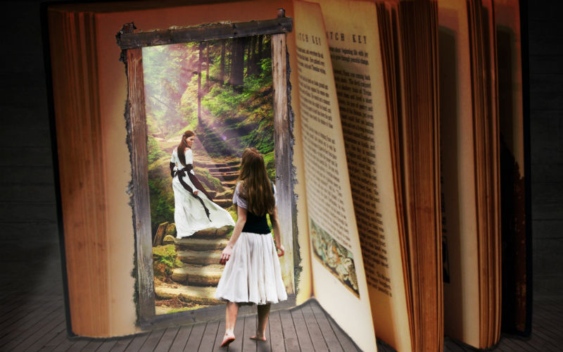 Girl entering the pages of a YA book